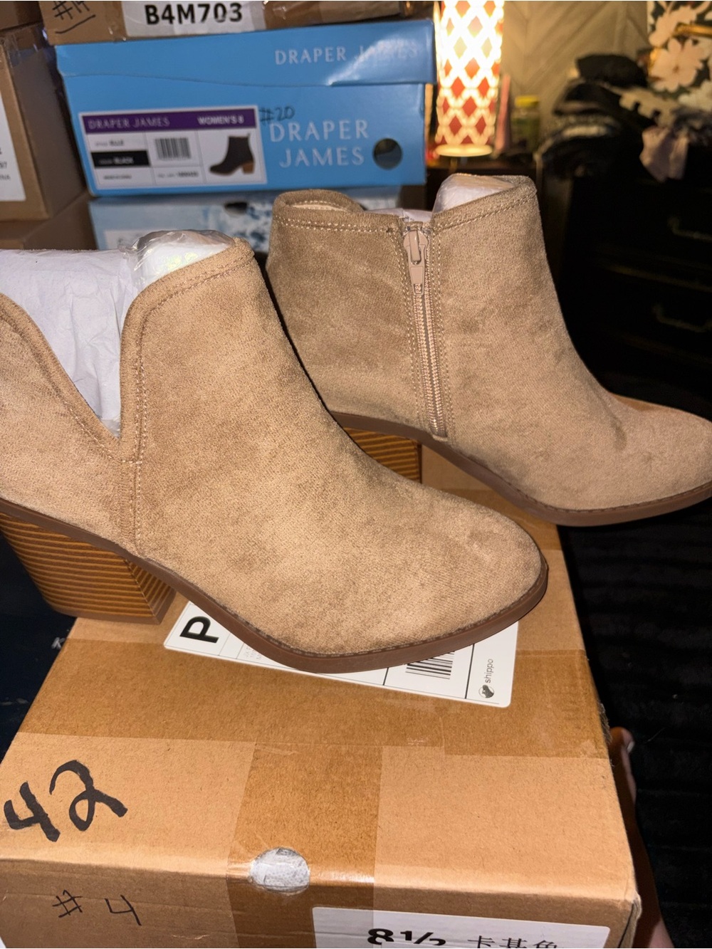 Amazon Tan Suede Ankle Booties with Stacked Heel